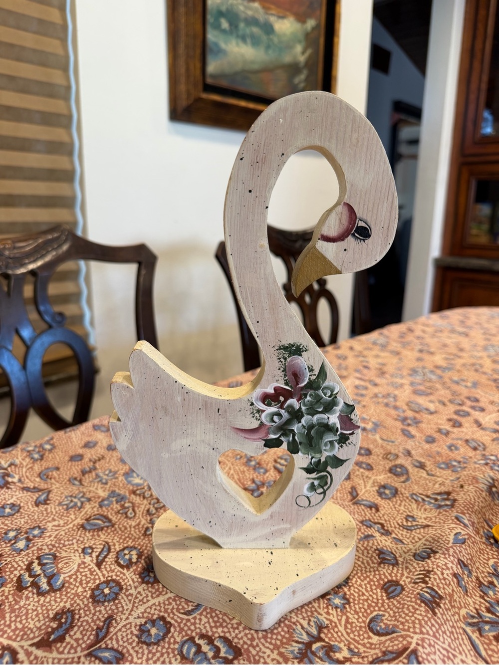 Vintage Folk Art Wooden Swan Goose Figurine Hand Painted Cottage Decor
